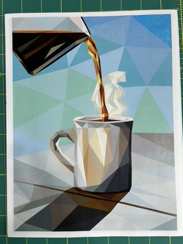 Legit Kits Little Coffee design reference showing a faceted coffee pot pouring into a geometric mug, planned as Whit’s Java Jazz wall hanging