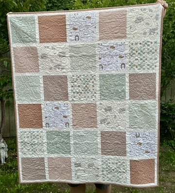 Custom Baby Quilt by Michele Urbany Neely Puluti in blush, mint, cream, and taupe patchwork with free-motion quilting