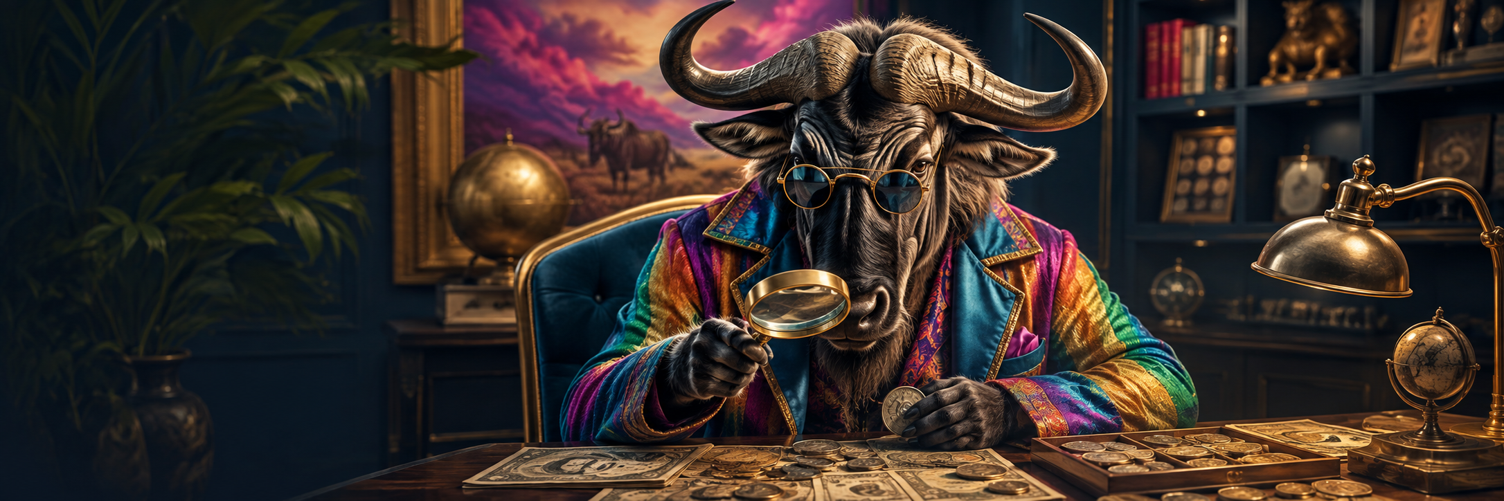 Wildebeest examining collectible coins and currency